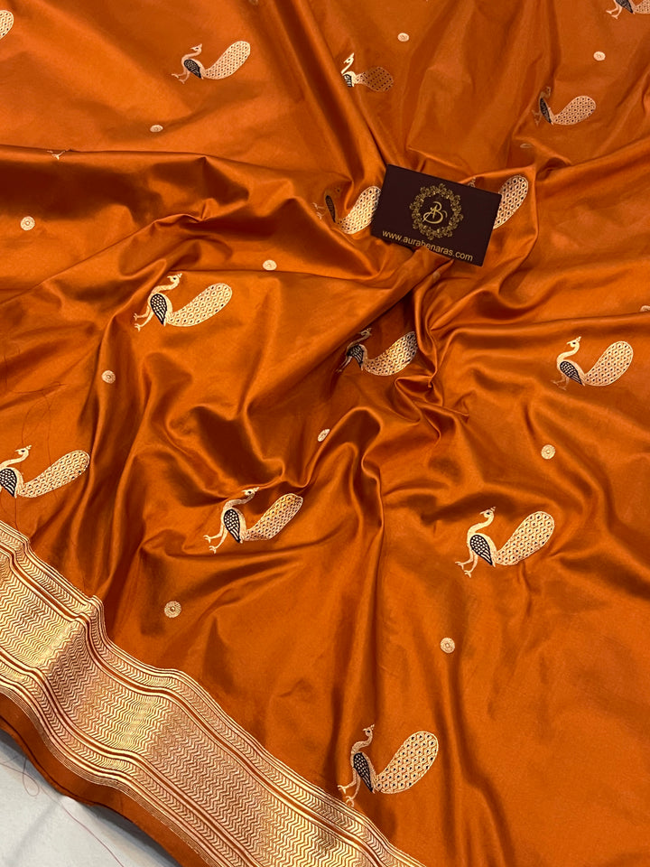 Buy Rust Orange Banarasi Handloom Katan Silk Saree | Aura Benaras