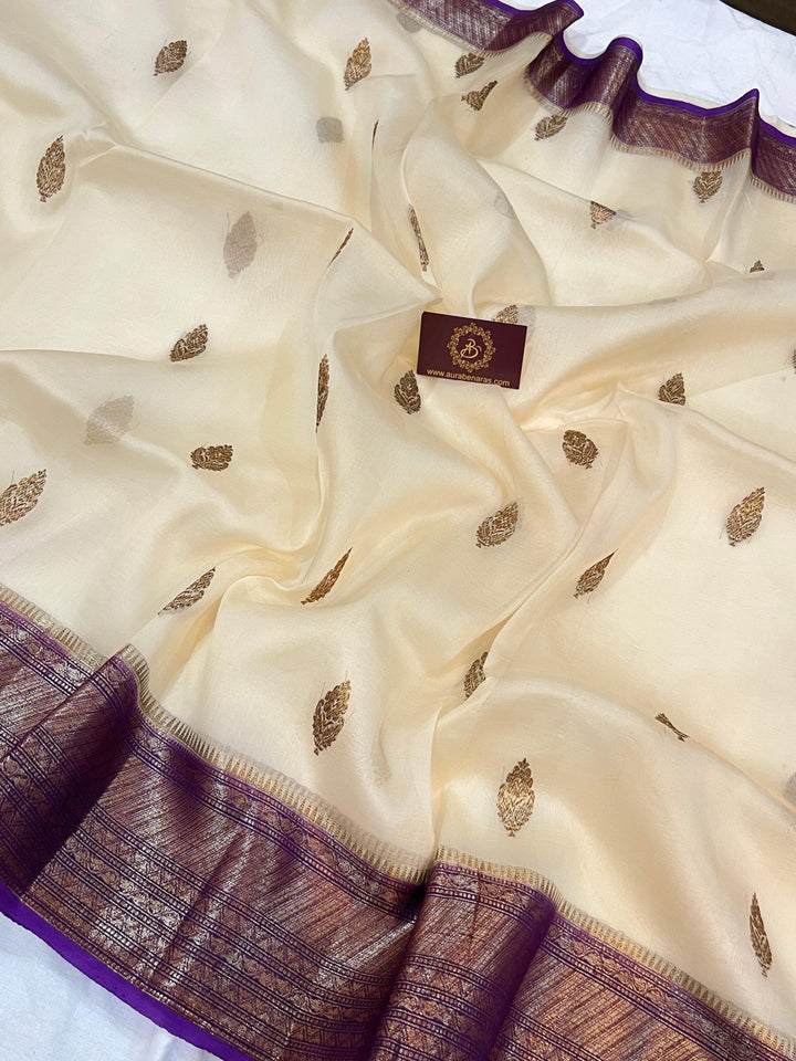 Cream Banarasi Handloom Kora Silk Saree - Aura Benaras