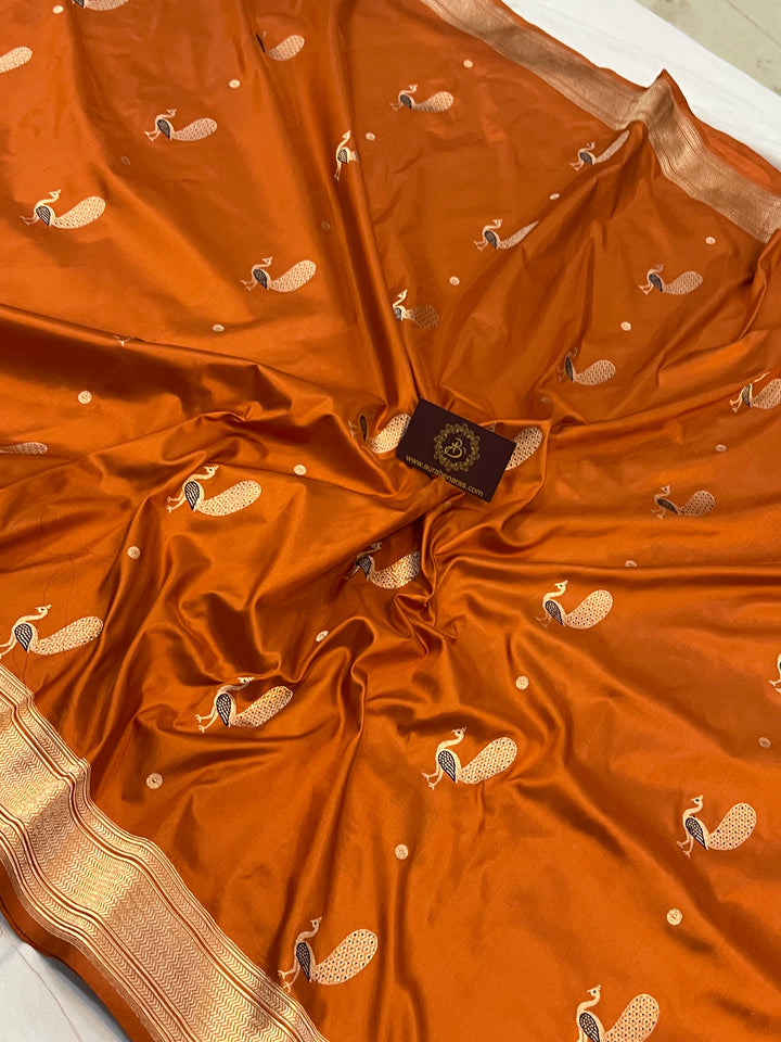 Buy Rust Orange Banarasi Handloom Katan Silk Saree | Aura Benaras