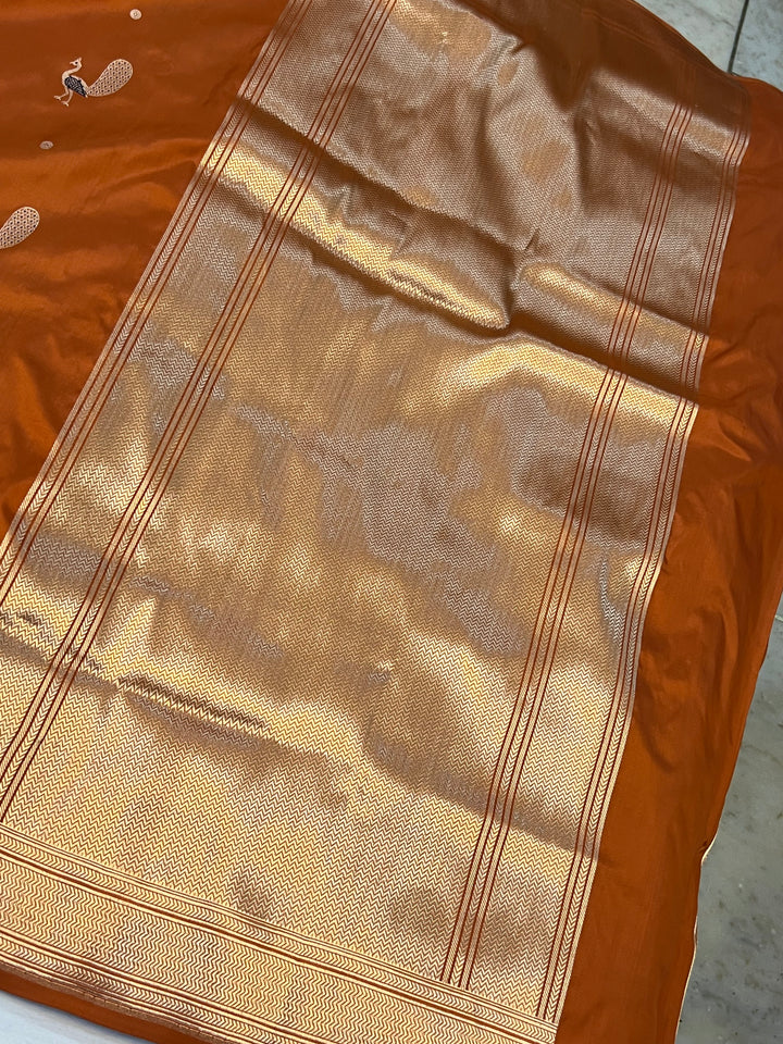 Buy Rust Orange Banarasi Handloom Katan Silk Saree | Aura Benaras