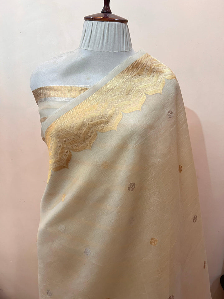 Cream Pure Kora Silk Handloom Banarasi Saree