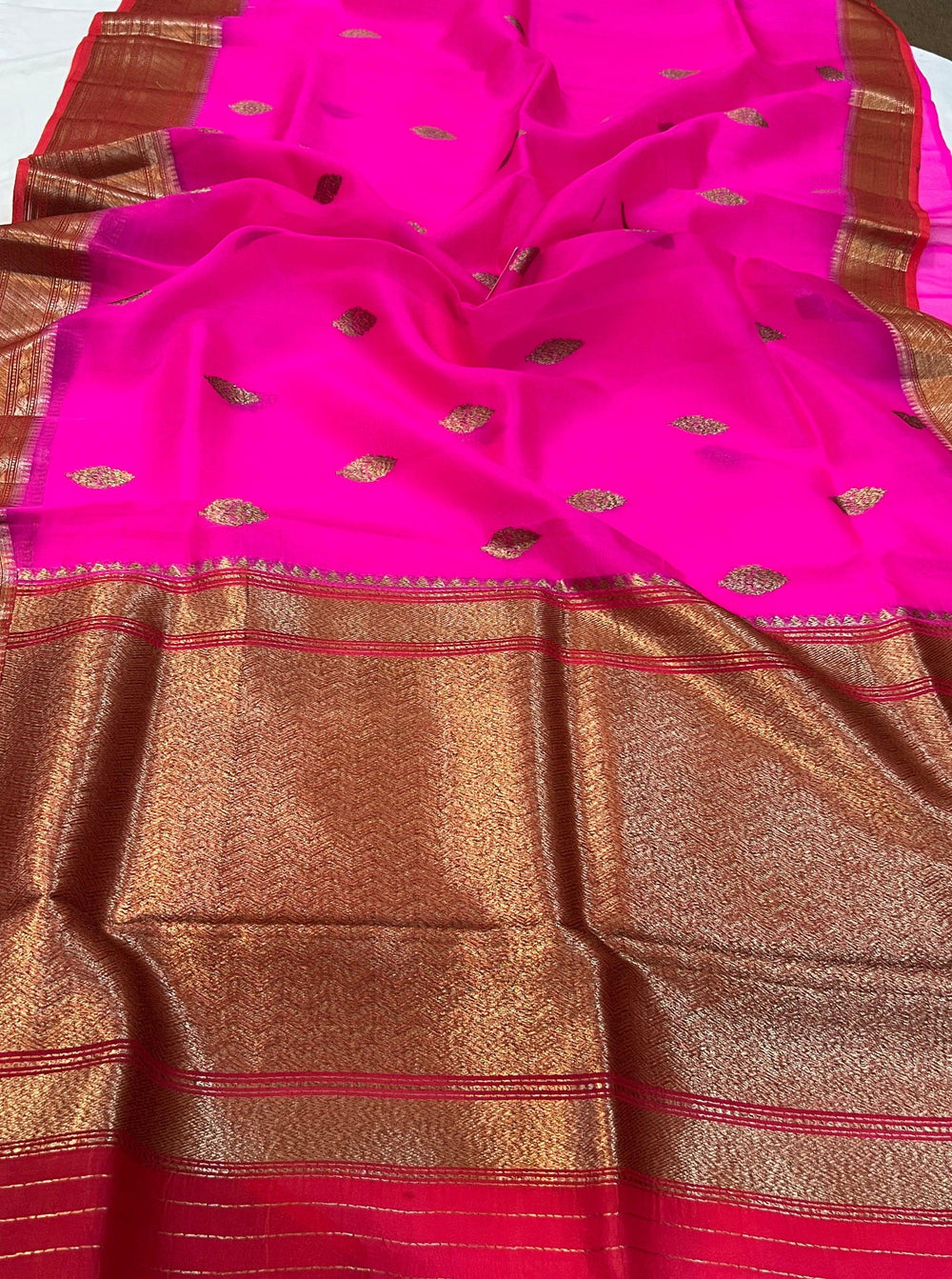 Rani Pink Banarasi Handloom Kora Silk Saree - Aura Benaras