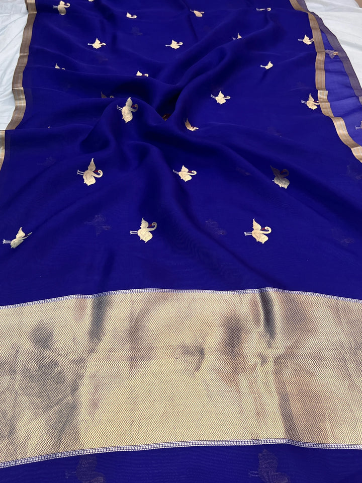 Royal Blue Pure Kora Silk Handloom Banarasi Saree