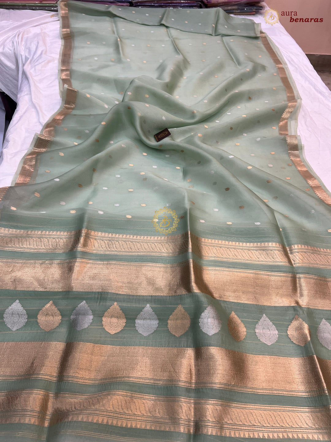 Sage Green Kora Silk Handloom Banarasi Saree Kadhwa Butis 