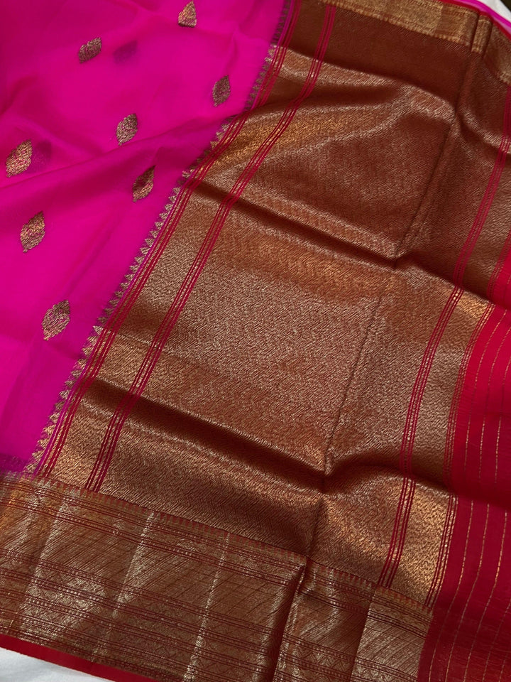 Rani Pink Banarasi Handloom Kora Silk Saree - Aura Benaras