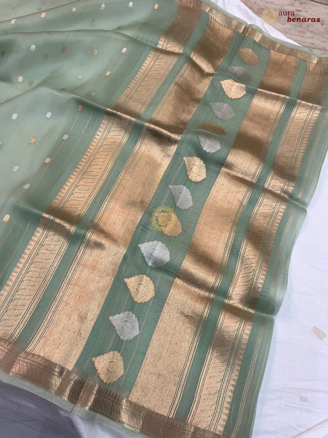 Sage Green Kora Silk Handloom Banarasi Saree Kadhwa Butis 
