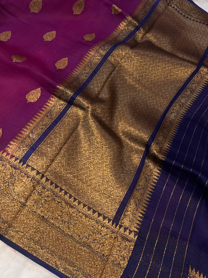Wine Banarasi Handloom Kora Silk Saree - Aura Benaras