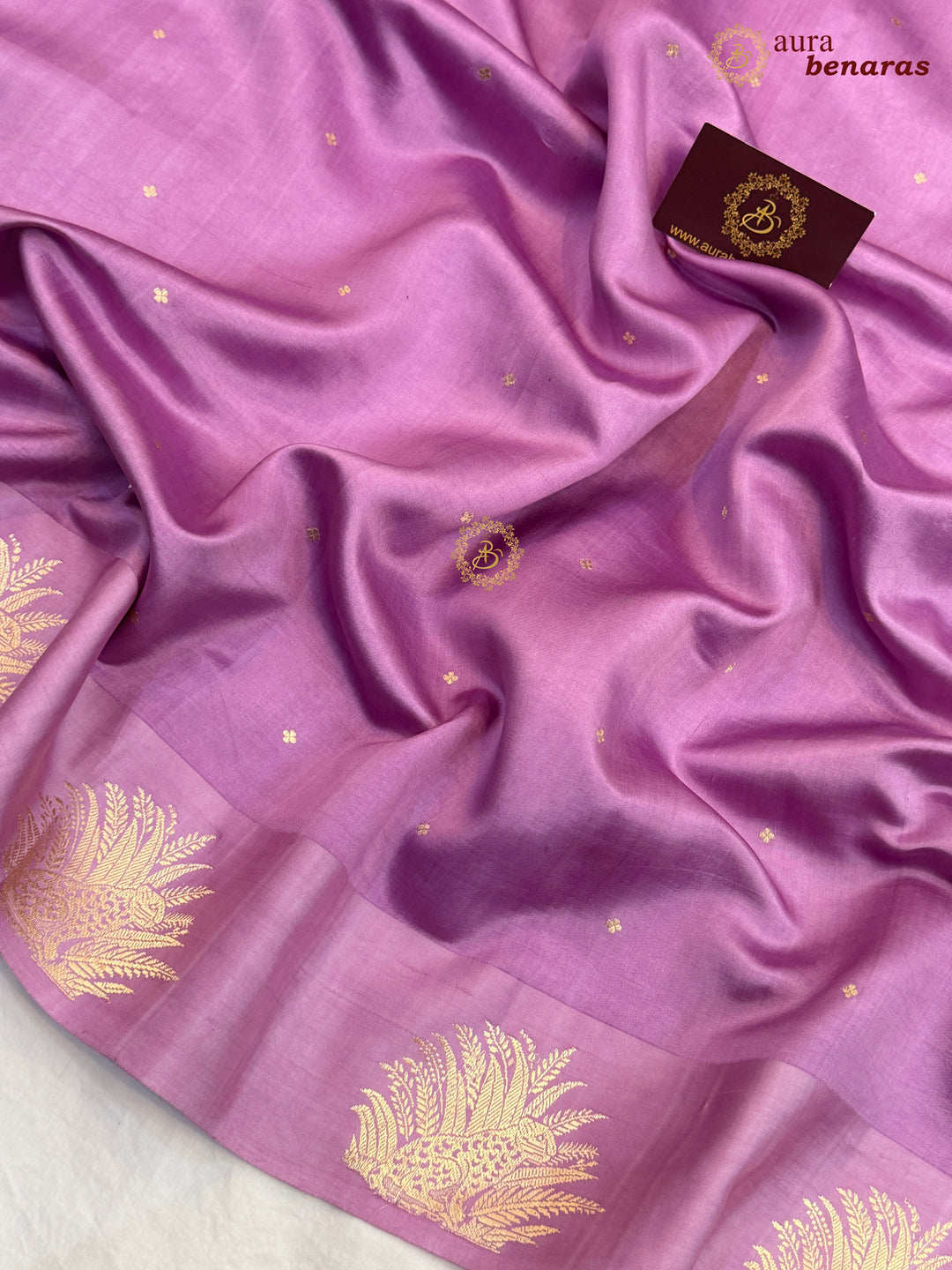 Lavender Pure Katan Silk Banarasi Saree Kadhwa Leopard Motifs