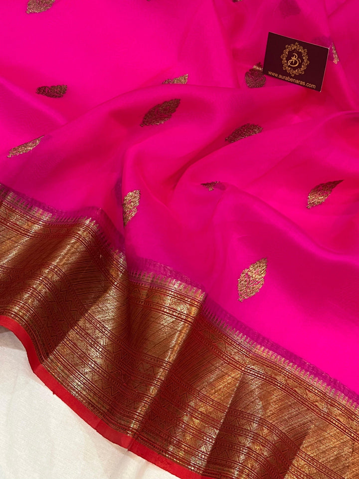 Rani Pink Banarasi Handloom Kora Silk Saree - Aura Benaras