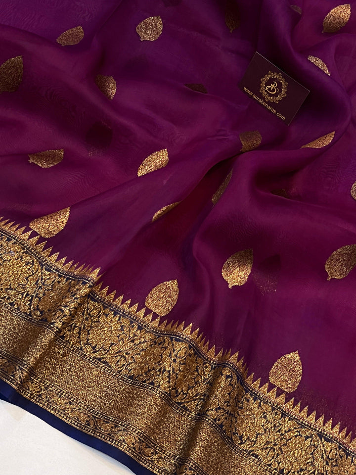 Wine Banarasi Handloom Kora Silk Saree - Aura Benaras
