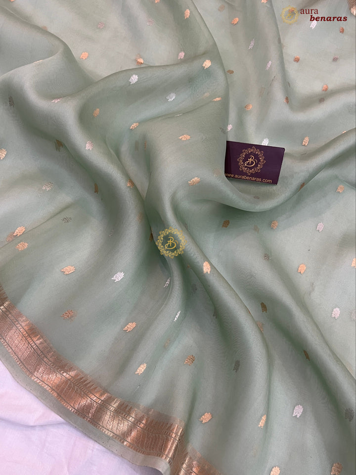 Sage Green Kora Silk Handloom Banarasi Saree Kadhwa Butis 