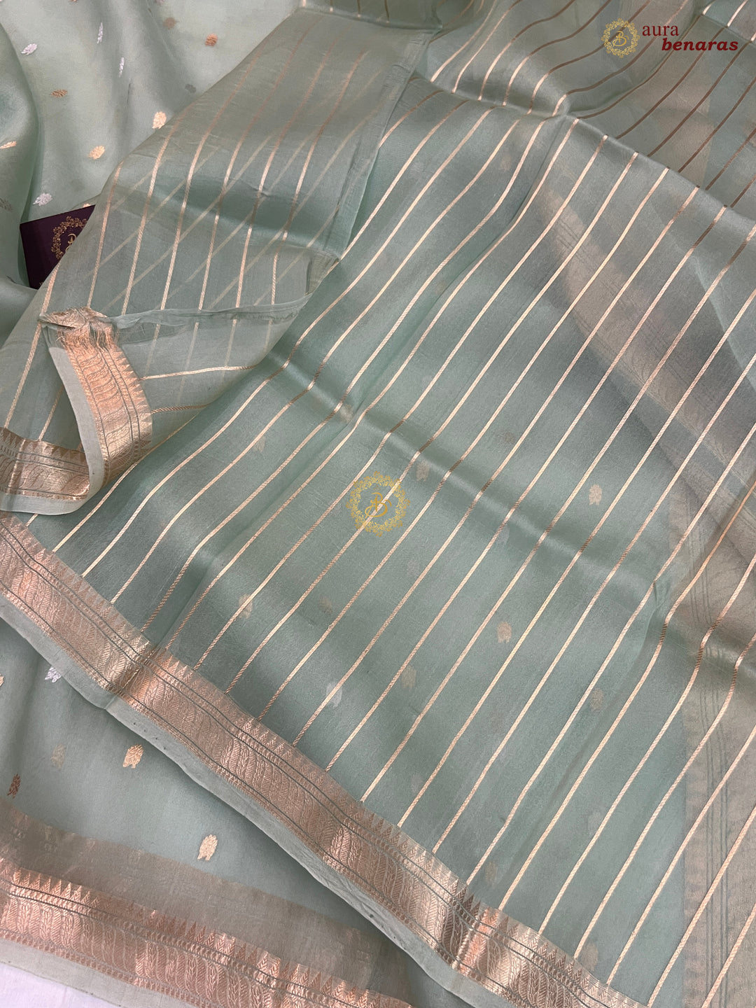Sage Green Kora Silk Handloom Banarasi Saree Kadhwa Butis 