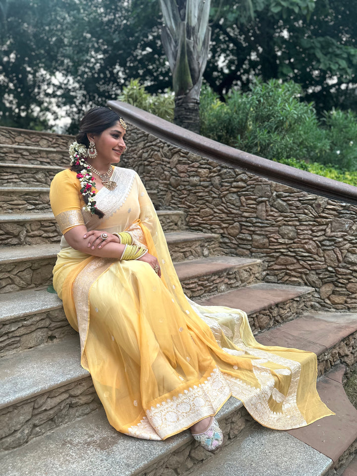 Cream Yellow Ombre Banarasi Saree with Silver Zari Work