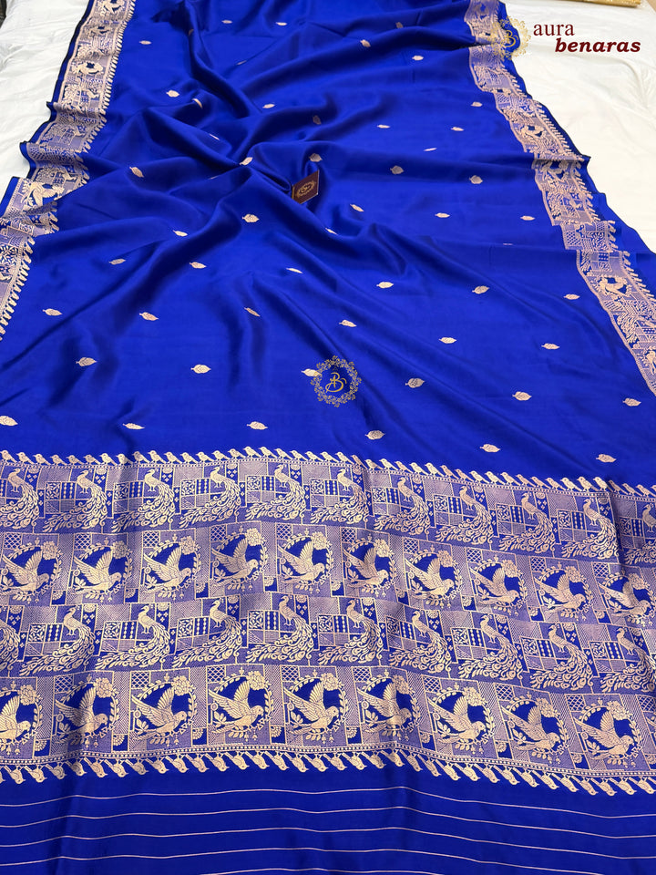 Royal Blue Pure Katan Silk Banarasi Saree with Kadhwa Peacock & Bird Motifs