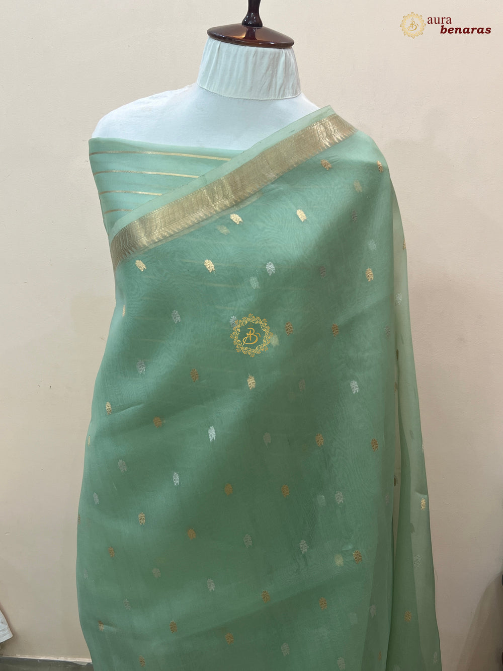 Sage Green Kora Silk Handloom Banarasi Saree Kadhwa Butis 