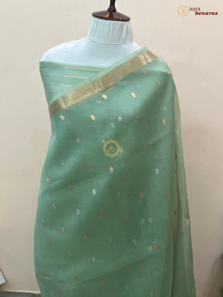 Sage Green Kora Silk Handloom Banarasi Saree Kadhwa Butis 