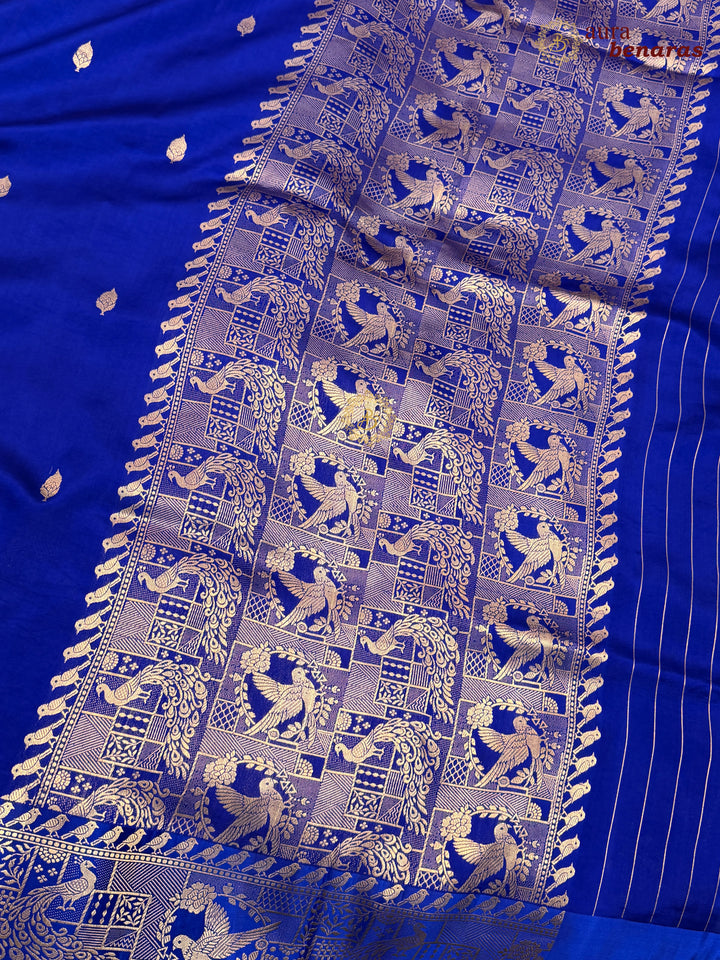 Royal Blue Pure Katan Silk Banarasi Saree with Kadhwa Peacock & Bird Motifs