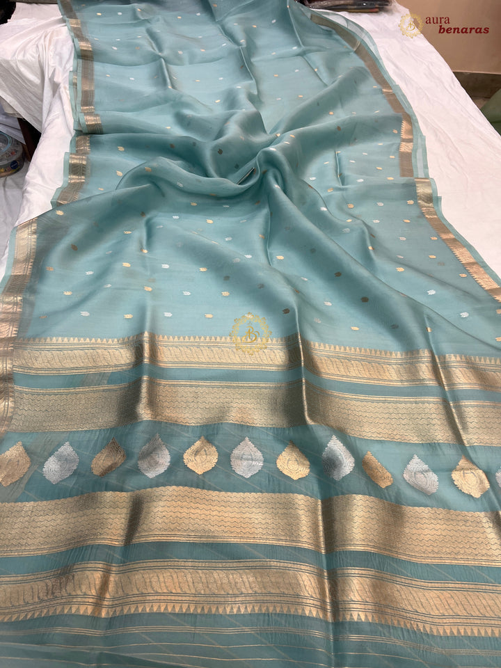 Bluish Grey Kora Silk Handloom Banarasi Saree Kadhwa Butis 