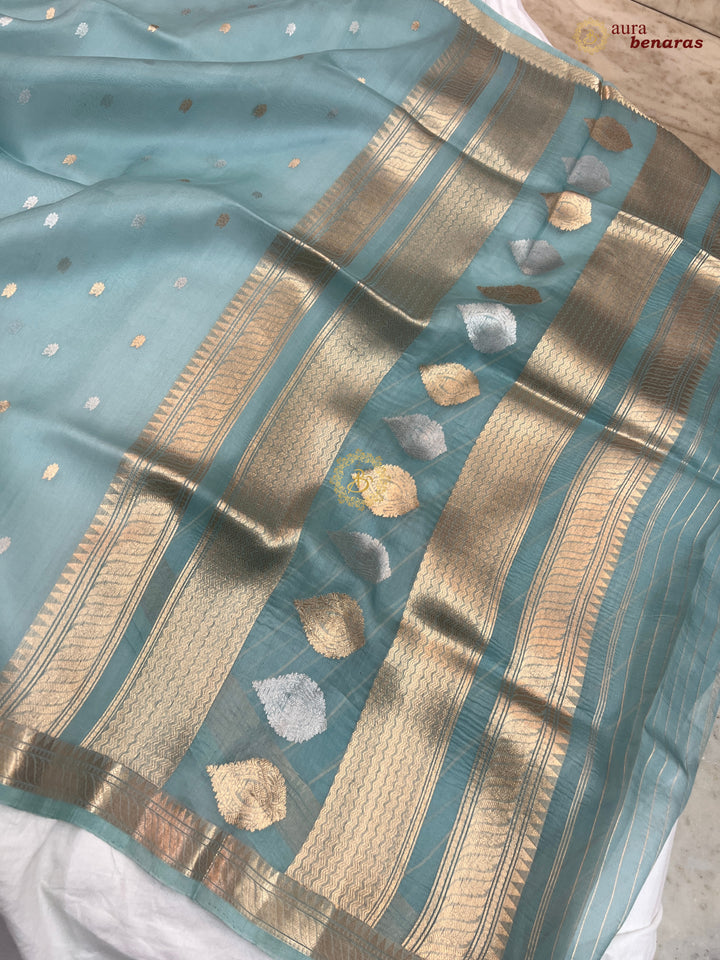 Bluish Grey Kora Silk Handloom Banarasi Saree Kadhwa Butis 