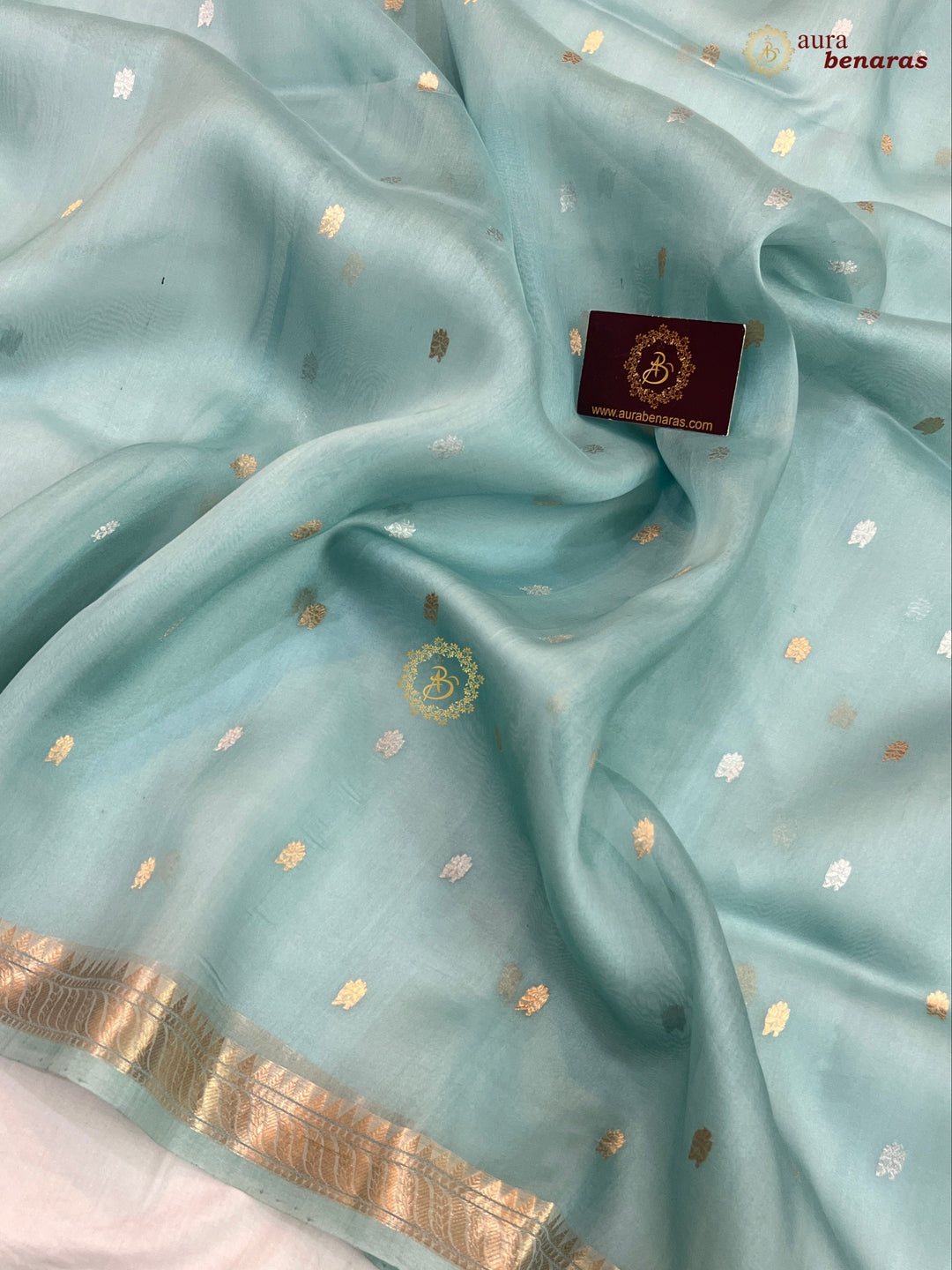 Bluish Grey Kora Silk Handloom Banarasi Saree Kadhwa Butis 