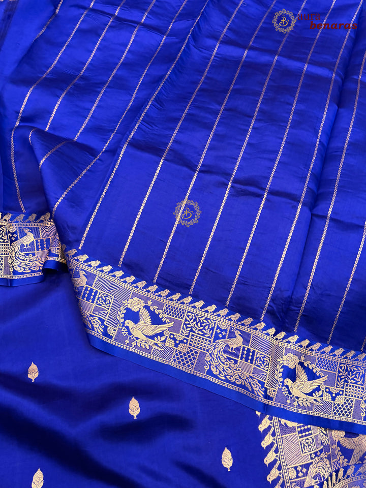 Royal Blue Pure Katan Silk Banarasi Saree with Kadhwa Peacock & Bird Motifs