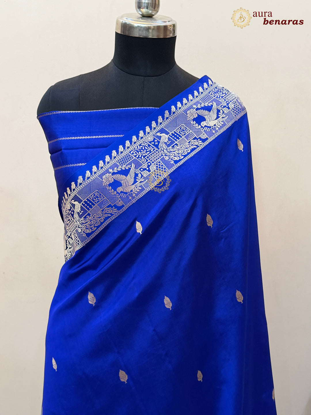 Royal Blue Pure Katan Silk Banarasi Saree with Kadhwa Peacock & Bird Motifs