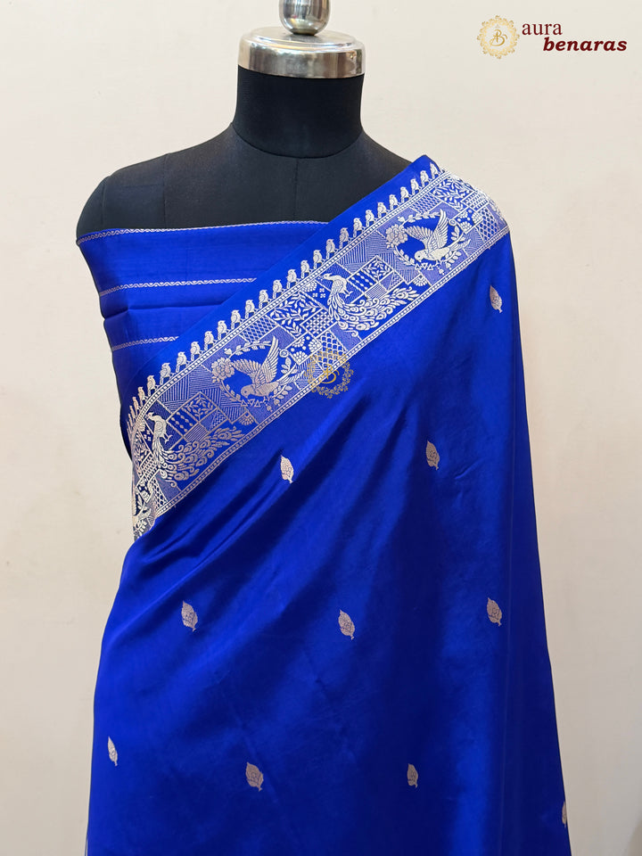 Royal Blue Pure Katan Silk Banarasi Saree with Kadhwa Peacock & Bird Motifs