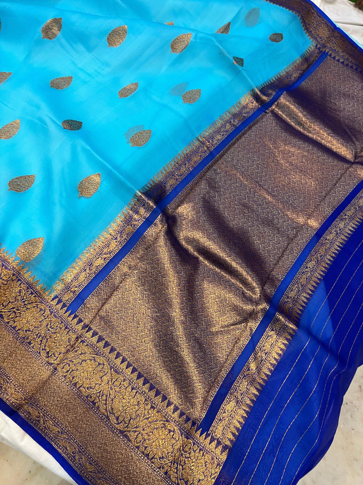 Firozi Banarasi Handloom Kora Silk Saree - Aura Benaras