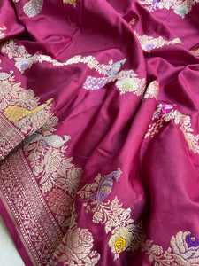 Brinjal shade Jaal Pure Banarasi Handloom Katan Silk Saree - Aura Benaras