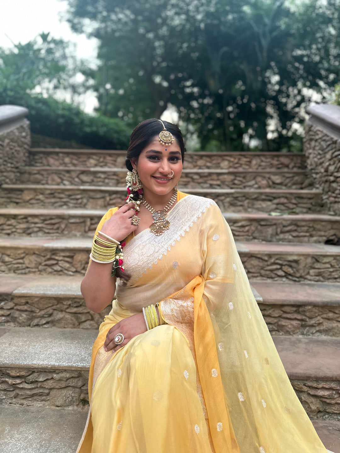 Cream Yellow Ombre Banarasi Saree with Silver Zari Work