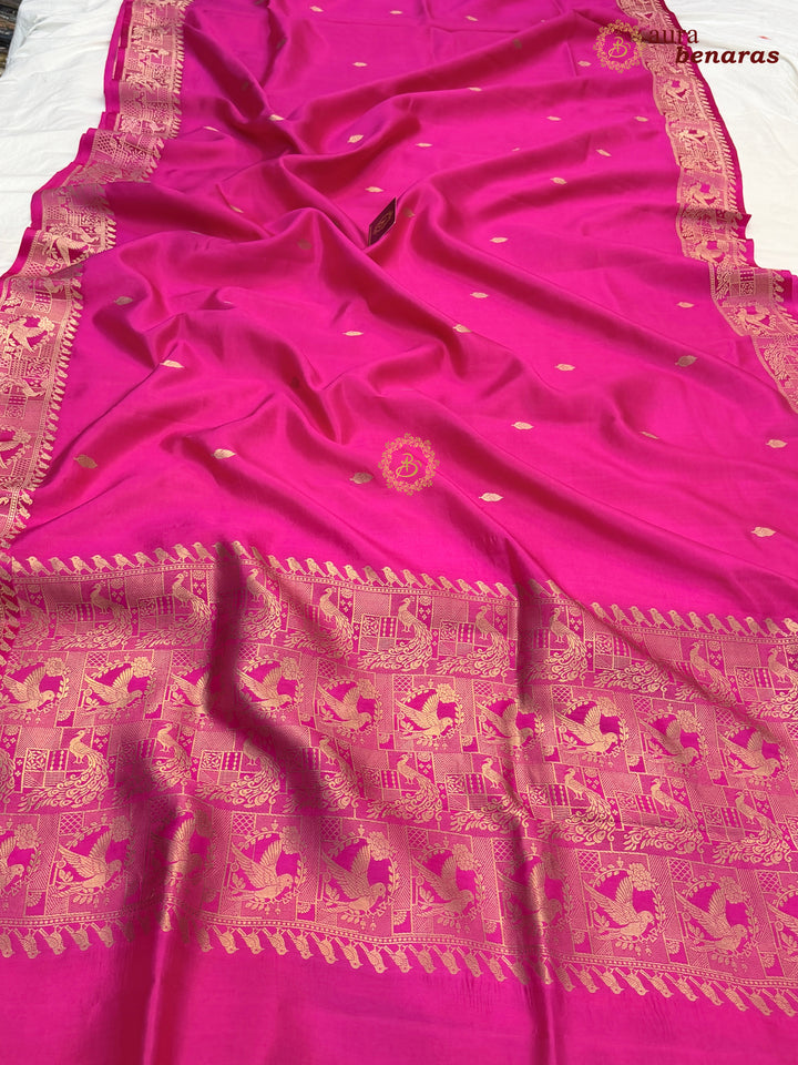 Hot Pink Pure Katan Silk Banarasi Saree with Kadhwa Peacock & Bird Motifs
