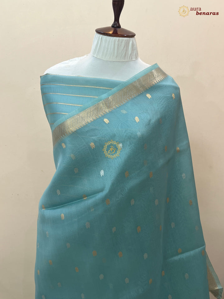 Bluish Grey Kora Silk Handloom Banarasi Saree Kadhwa Butis 