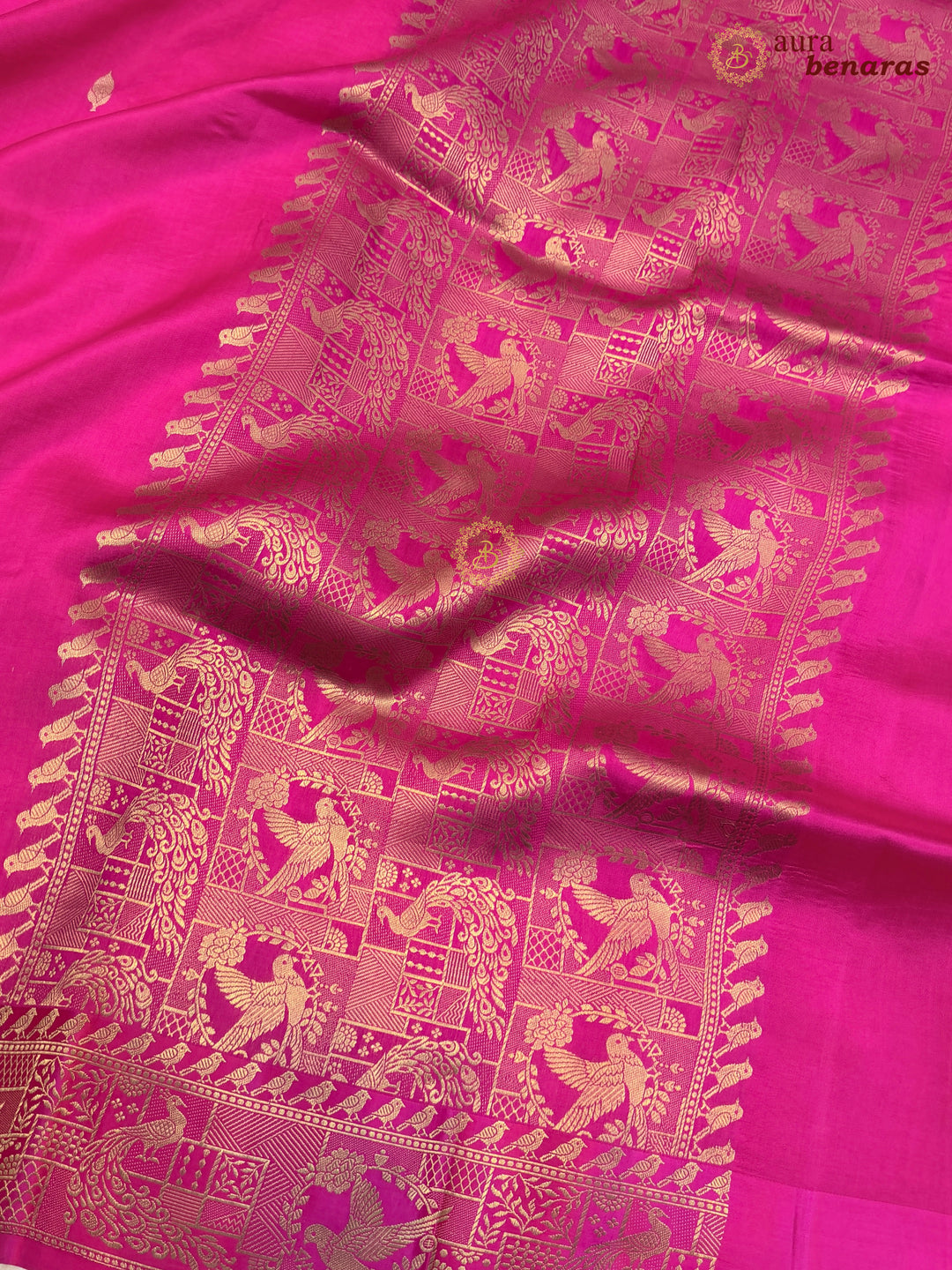 Hot Pink Pure Katan Silk Banarasi Saree with Kadhwa Peacock & Bird Motifs