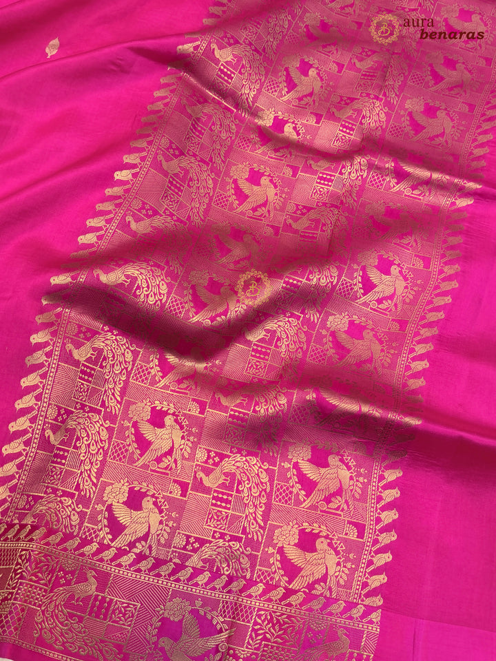 Hot Pink Pure Katan Silk Banarasi Saree with Kadhwa Peacock & Bird Motifs