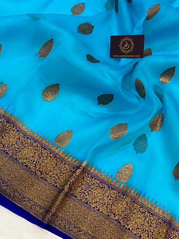 Firozi Banarasi Handloom Kora Silk Saree - Aura Benaras