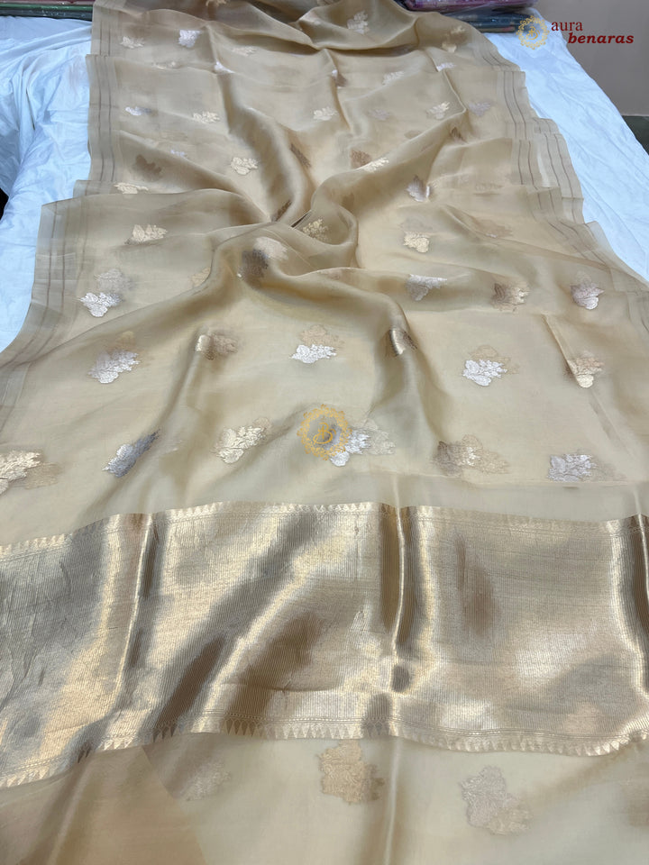Pure Cream Kora Silk Banarasi Saree with Kadhwa Flower Butas