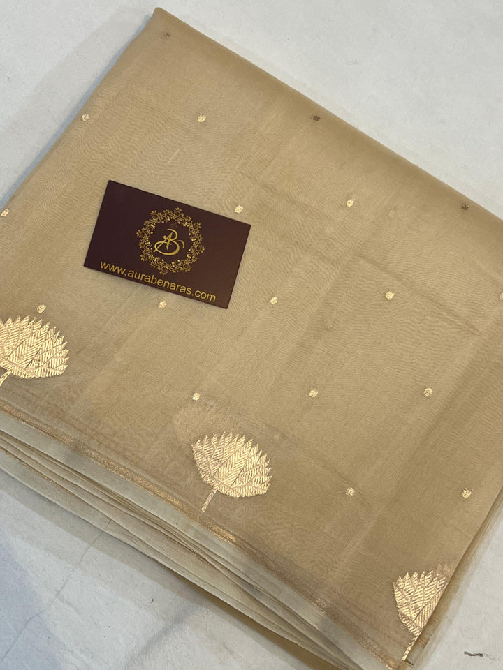 Cream Pure Banarasi Handloom Kora Silk Saree