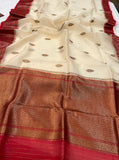 Cream Banarasi Handloom Kora Silk Saree - Aura Benaras