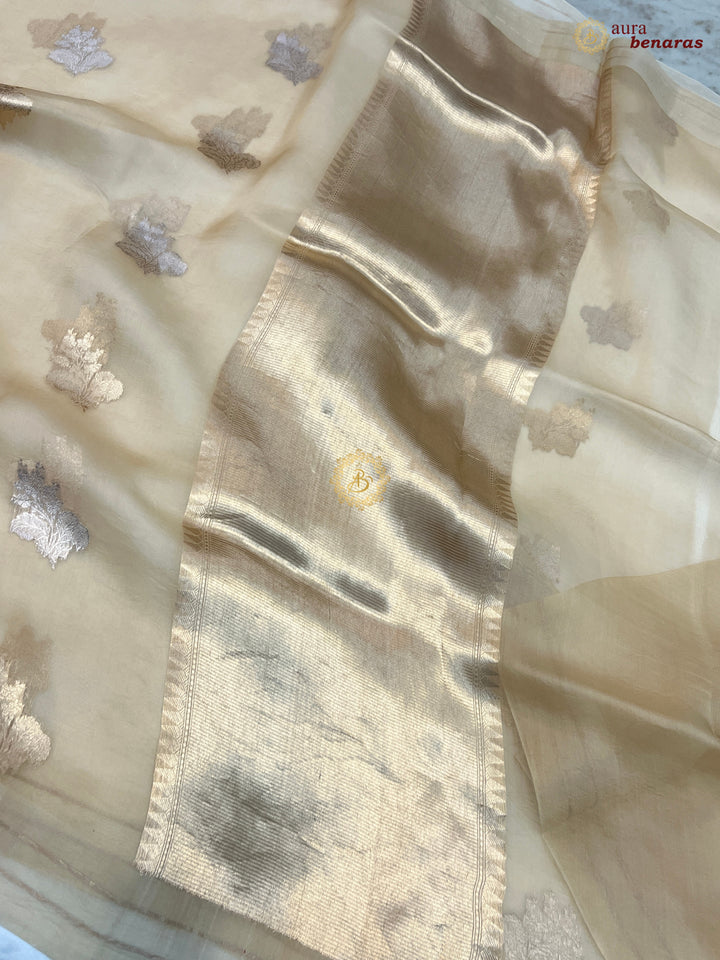 Pure Cream Kora Silk Banarasi Saree with Kadhwa Flower Butas