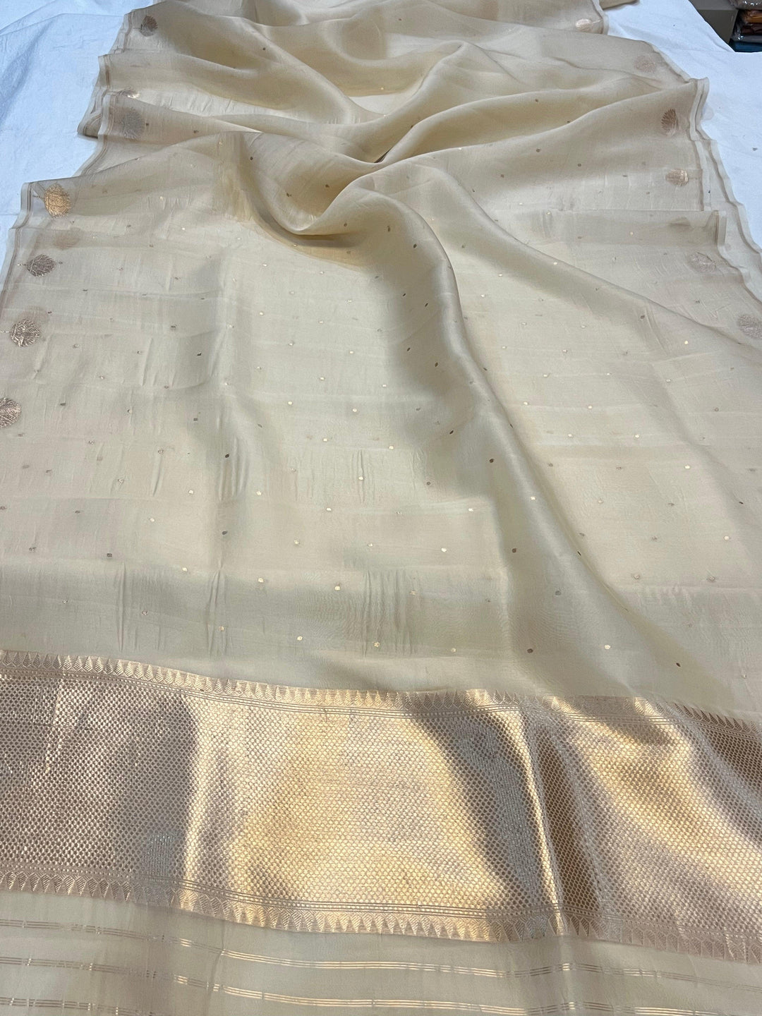 Cream Pure Banarasi Handloom Kora Silk Saree