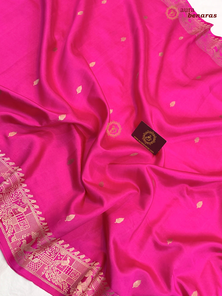 Hot Pink Pure Katan Silk Banarasi Saree with Kadhwa Peacock & Bird Motifs