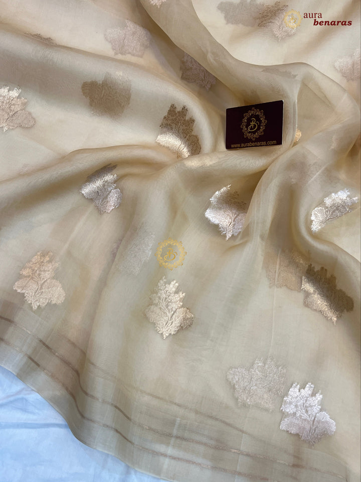 Pure Cream Kora Silk Banarasi Saree with Kadhwa Flower Butas