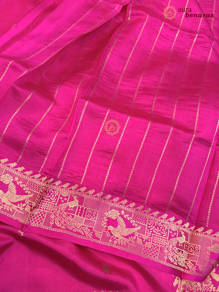 Hot Pink Pure Katan Silk Banarasi Saree with Kadhwa Peacock & Bird Motifs