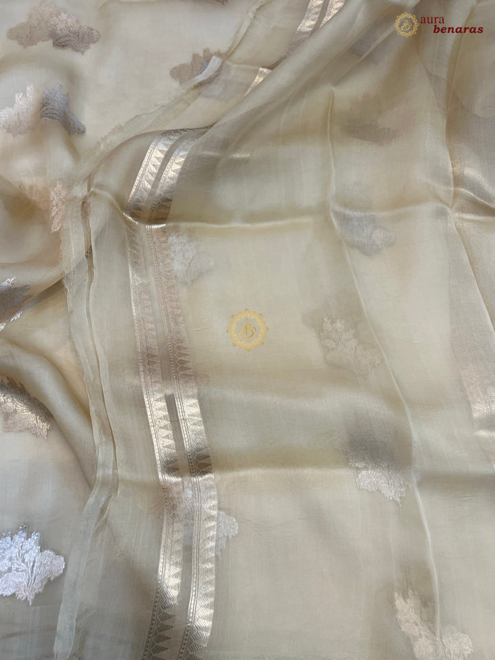 Pure Cream Kora Silk Banarasi Saree with Kadhwa Flower Butas