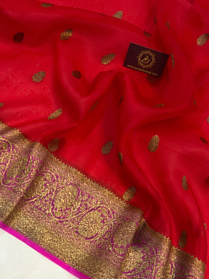 Red Banarasi Handloom Kora Silk Saree - Aura Benaras