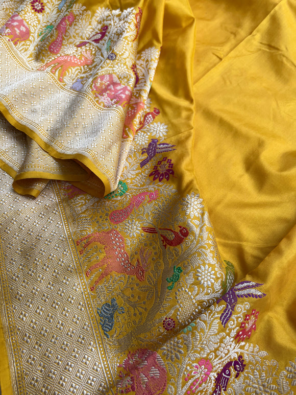 Yellow Pure Banarasi Handloom Katan Silk Saree - Aura Benaras