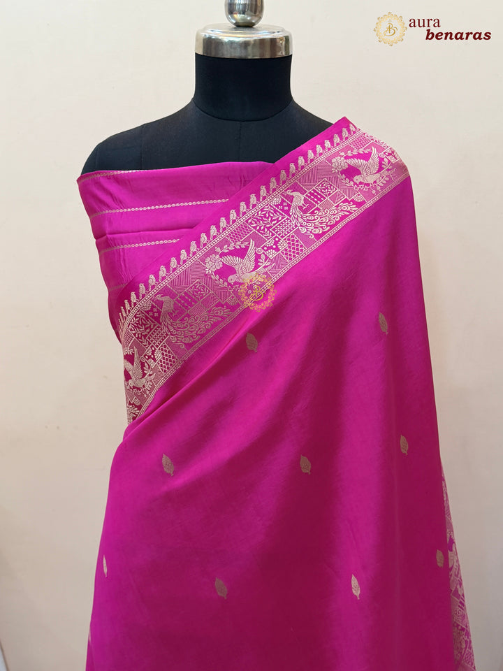 Hot Pink Pure Katan Silk Banarasi Saree with Kadhwa Peacock & Bird Motifs