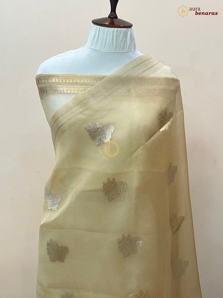 Pure Cream Kora Silk Banarasi Saree with Kadhwa Flower Butas