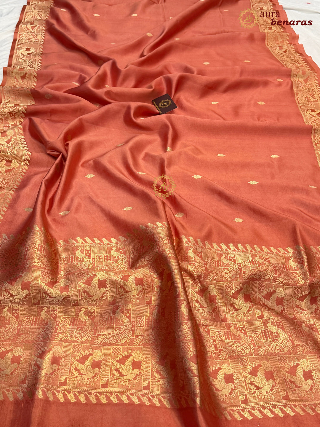 Coral Peach Pure Katan Silk Banarasi Saree with Kadhwa Peacock & Bird Motifs