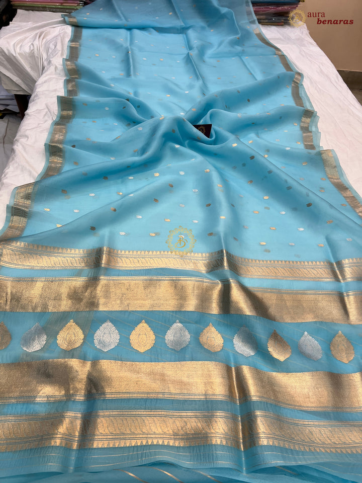 Pure Sky Blue Kora Silk Banarasi Saree with Kadhwa Flower Butas